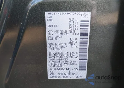 2013 Infiniti Jx35 z USA, uszkodzony, nr VIN 5N1AL0MM8DC349285